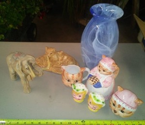 lot 360 image: Ceramic and Glass Dcor.  Kitten Tea Set, Vase and more.