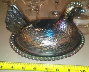 lot 368 image: Iridescent blue Indiana carnival glass and more.