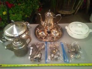 lot 369 image: Pyrex and Silverplated Unique CoffeeTea Pot with antler handle.