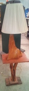 lot 381 image: Vintage Cypress Wood Table and Lamp.