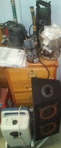 lot 431 image: Misc. Shop Lot, Speakers, Vintage Trouble Light, Vac, Sump Pump (2) and more.