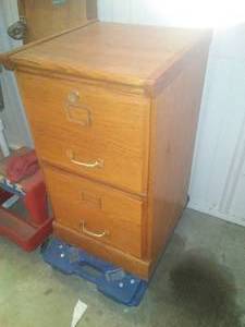 lot 476 image: 2 Drawer Oak File Cabinet and roller Cart.