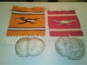 lot 498 image: Authentic Native American Pounding Stones (2) and Hand Woven mats (small).