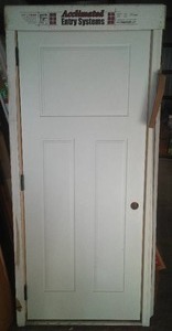 lot 400 image: Exterior Door framed 3 panel steel, Black hinges NEW, Bayer