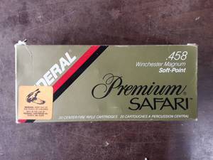 lot 1 image: Federal Premium Safari .458 Winchester Magnum 510 Grain Soft Point Bullet Full Box Of 20