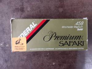 lot 3 image: Federal Premium Safari .458 Winchester Magnum 500 Grain Solid Bullet Full Box Of 13 & 7 Empty Cases