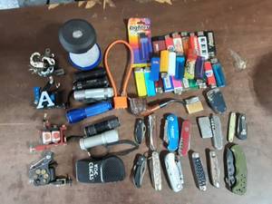 lot 32 image: Variety Lot Knives-(Some Vintage Kamp King), Lighters, Flashlights, Tattoo Guns & More