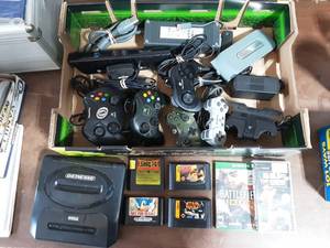 lot 42 image: Sega Genesis Console Only & 4-Games, X-Box And PlayStation Controllers, Games, More