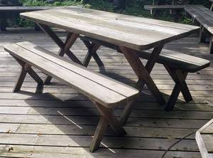lot 47 image: Solid Red Wood Outdoor Picnic Table and Benches
