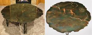 FANTASTIC NATIVE AMERICAN SYMBOLS MIXED METAL ARTISAN SOUTHWESTERN STYLE COFFEE TABLE WITH STRUCTURED EDGE GLASS TOP - PURCHASED IN SCOTTSDALE AZ 20 YEARS AGO FOR $4000 - SIGNED &amp DATED BY ARTIST UNDERNEATH