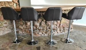 Set of 4 Retro Style Brown Leather &amp Chrome Base Height Adjustable Swivel Bar Stools - Great Condition - No Tears - Nice &amp Roomy With Partial Arm Rests