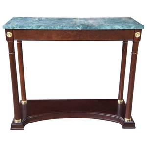 GORGEOUS NEOCLASSICAL BOMBAY CO EMPIRE MAHOGANY GREEN MARBLE TOP FOYER CONSOLE TABLE WITH BRASS ACCENTS - ONE JUST SOLD ON CHAIRISH FOR $550 PLUS SHIP
