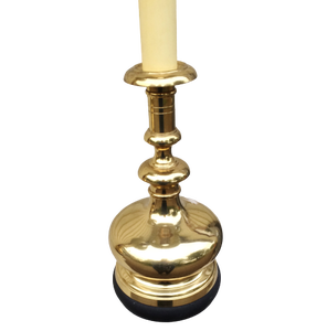 VINTAGE PAIR CHAPMAN STYLE TALL CANDLESTICK&nbsp BUFFET LAMPS WITH BRASS BASE &amp BLACK SHADES - EXCELLENT WORKING CONDITION