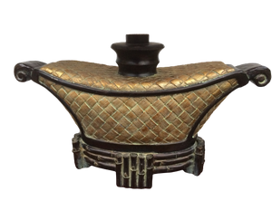 STUNNING &amp VERY LARGE FAUX GOLD TONE TRIBAL BASKET WEAVE &amp BLACK BAMBOO DESIGNER TABLE LAMP #2 - LIKE NEW CONDITION