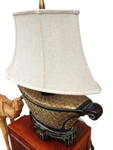 STUNNING &amp VERY LARGE FAUX GOLD TONE TRIBAL BASKET WEAVE &amp BLACK BAMBOO DESIGNER TABLE LAMP #1 - LIKE NEW CONDITION