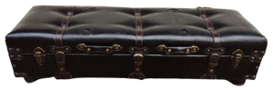 FABULOUS PAIR AUTHENTIC LEATHER LARGE BLACK TRUNK SUITCASE STORAGE COFFEE TABLE WITH MATCHING STORAGE OTTOMAN - NO TEARS