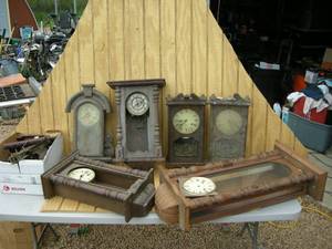lot 99 image: Antique Look Wooden Clocks, Parts, Cabinet