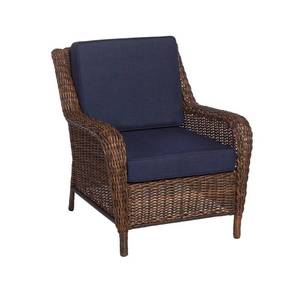 lot 114 image: Hampton Bay Cambridge Brown Stationary Wicker Outdoor Lounge Chair with Blue Cushions 65-17148B1
