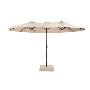 lot 128 image: Hampton Bay 8.8 ft. x 14 ft. Triple Vent Outdoor Patio Umbrella in Beige with Sand Bag Base B055-P-657
