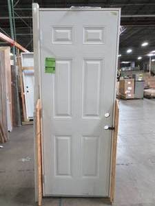 lot 655 image: Steves & Sons 30 in. x 80 in. Premium 6-Panel Primed White Steel Prehung Front Door with 30 in. Right-Hand Outswing and 4 in. Wall ST60-PR-26-4ORH