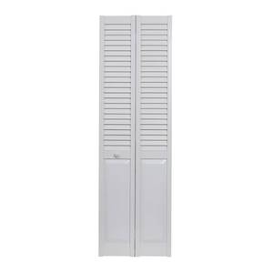 lot 651 image: Pinecroft 32 in. x 80 in. Seabrooke Louver Over Panel White Hollow Core PVC Vinyl Interior Bi-Fold Door, SEALP32