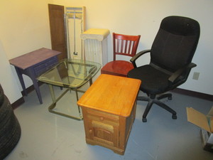 lot 112 image: ASSRTD. FURNITURE, INCLUDING STOW-AWAY IRONING BOARD, SIDE TABLES, PEDESTAL STAND, CHAIRS, MORE