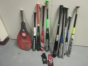 lot 126 image: YOUTH BASEBALL BATS, EASTON PORTABLE BASEBALL NET, WILSON PETE SAMPRAS TENNIS RACKET