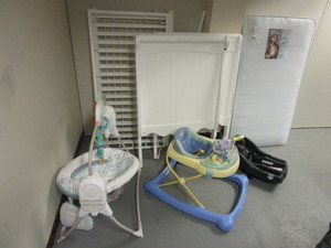 lot 150 image: BABY CRIB, SIMMONS KIDS MATTRESS, JOHN LENNON ROLLING MUSIC CENTER PLAY SEAT, MORE