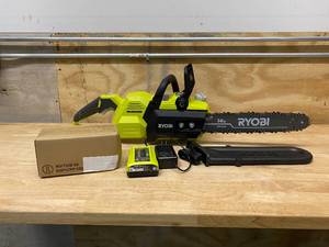 lot 20 image: RYOBI 14 in. 40-Volt Brushless Lithium-Ion Cordless Chainsaw, 4 Ah Battery and Charger Included