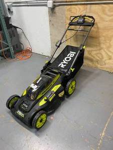 lot 79 image: RYOBI 20 in. 40-Volt 6.0 Ah Lithium-Ion Battery Brushless Cordless Walk Behind Self-Propelled Lawn Mower with Charger