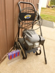 lot 2 image: Gas pressure washer. Aprrox 2200 psi. Used condition. Motor runs but unable to fully test. Includes wand & hose. As shown.