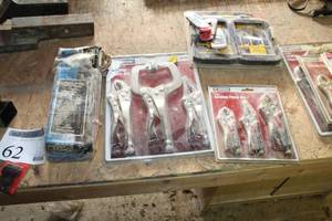 lot 62 image: JobSmart 3-piece Locking Plier Set, Power Craft 22-piece Combination Wrench Set, Irwin Speedbor 7-piece Drill Bit Set
