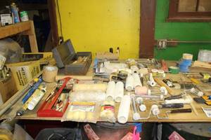 lot 81 image: Paint Rollers, Roller Pads, Tape, Caulk, Scrapers, Brushes, Wood Stir Sticks, Sanding Discs, Painting Supplies and Equipment