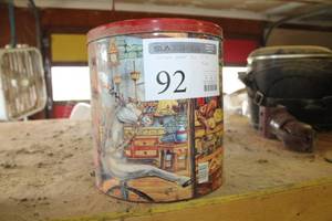 lot 92 image: Vintage Work Shop Theme Cookie Tin