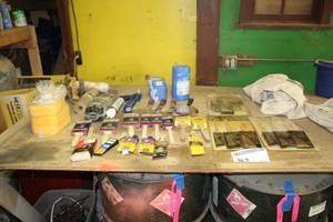 lot 82 image: Brushes, Painter Tape, Steel Wool Roll, Caulk and Caulk Gun, Sponges, Drop Cloths, Painting Supplies and Equipment