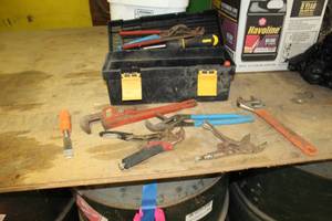 lot 126 image: Tool Box, Pipe Wrenches, Crescent Wrench, Channel Lock Pliers, Vise Grips, Chisels, And More