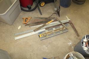 lot 139 image: Lot of (10) Hand Saws, Levels, Squares, T-Square, Straight Edge