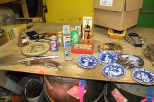 lot 142 image: Collectibles - Wood Pistol, Chevrolet Emblem, Cow Thermometer, Ceramic Plates, Seven Dwarfs Tool Case, Coca-Cola Radio, RCPepsiWeoMiller Can Banks, Wood Salt & Pepper Shakers, Playing Cards, Do-It Yourself Book, Dog Table Dcor, Concord Sound Camera