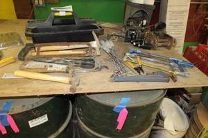 lot 182 image: Tool Caddy, Hammers, Pipe Wrenches, Large Tin Snips, Hacksaws, Pliers, Brushes, And More