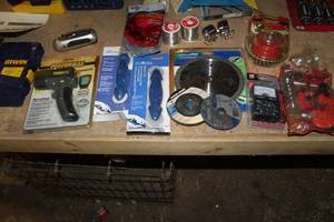 lot 231 image: Performax Infrared Thermometer, Make2Fit Windscreen Screen Retainer Spline, Screen Tools, Solder, Click Counters, SawGrinder Blades, Multimeter, Knotted Wire Brush, And More
