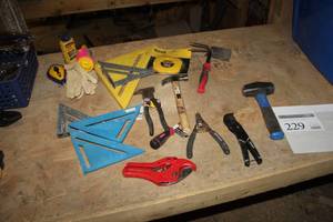 lot 229 image: Squares, Snips, Drilling Hammer, Hammers, Mallet, Garden Hand Rake, Stanley Long Tape 100, Work Gloves, Irwin Straight-Line, And More