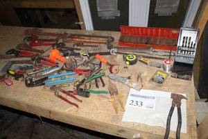 lot 233 image: Pipe Wrenches, Adjustable Wrenches, Combination Wrenches, Socket Sets, Drill Bit Sets, Pliers, Scrapers, And More