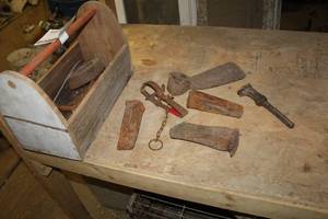 lot 247 image: Vintage Tool Heads, Splitting Wedges, Pipe Wrench, Wooden Tool Caddy with Handle