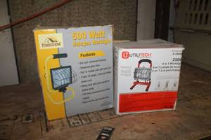 lot 249 image: Lot of (2) Utilitech 25W 4-in-1 Shop Worklight, Plymouth Home 500W Halogen Worklight