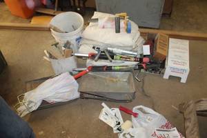 lot 312 image: Paint Trays, Ceiling Poles, Paint Rollers, Stir Sticks, Trowels, Misc. Painting Supplies