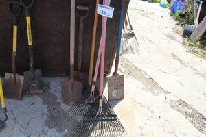 lot 338 image: Lot of (8) Leaf Rakes, Shovels, Spades