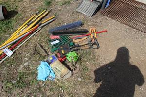 lot 347 image: Lot of (16) Shovels, Broom Heads, Sponges, Pliers, Misc. Parts and Tools