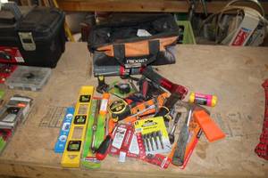 lot 380 image: Tool Bag, Misc. Hand Tools - Level, Hammer, Drill Sets, Tape Measure, Flashlight and More