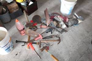 lot 372 image: Misc. Hand Tools - Hammers, Pry Bars, Side Lock Pliers, Drywall Tools, Saw Blades and More