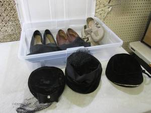 lot 19 image: Vintage Shoes and Hats in Rubbermai...